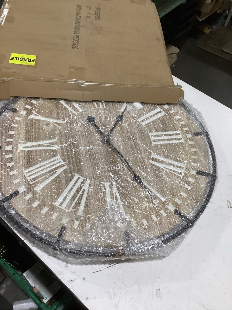 Condition photo showing New/Like New for 24 inch large farmhouse wall clock, rustic antique wood with metal circle and large engraved numerals, silent battery operated wall clock for office kitchen bedroom living room brown 24 inch | white roman numerals