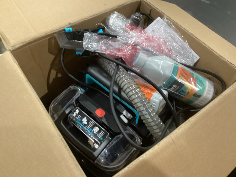 Condition photo showing As Is for shark stainstriker portable carpet & upholstery cleaner w/on board self cleaning - spot, stain, & odor eliminator, includes 2 cleaning tools & 2 cleaning solutions, charcoal, px221brn stainstriker w/ onboard self-cleaning