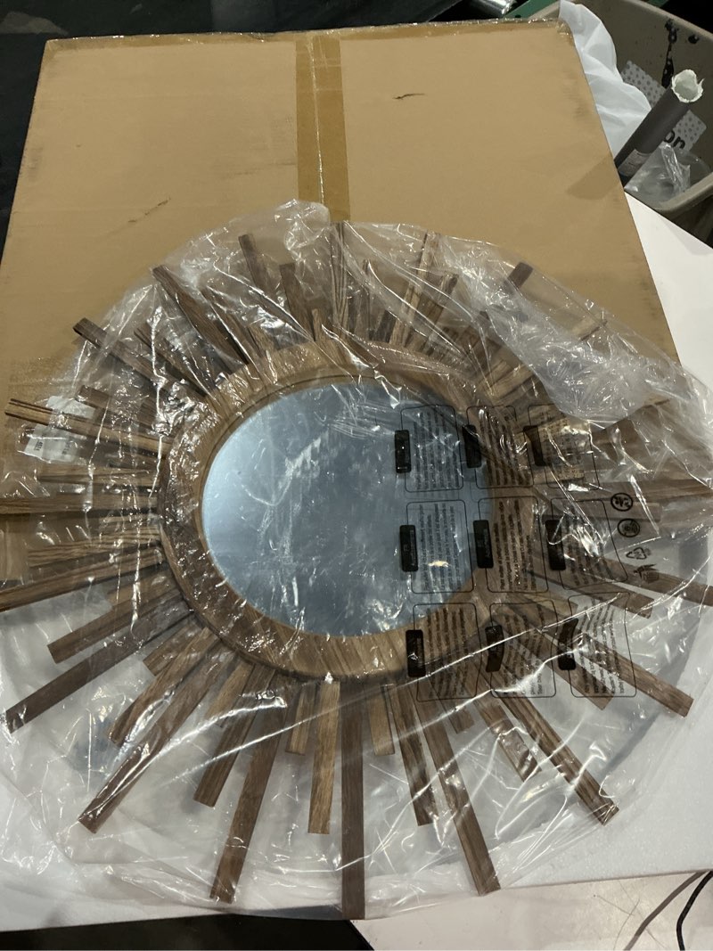 Condition photo showing Good Condition for 24 inch boho sunburst mirror, round wooden wall decor starburst sun mirror for bedroom, living room, bathroom, hallway, balcony, farmhouse entryway, housewarming gift 24"l x 24"w