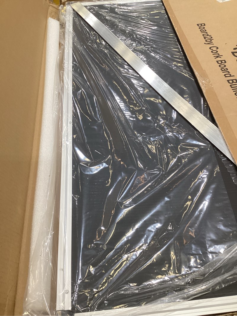 Condition photo showing As Is for board2by cork board bulletin board 36 x 48, silver aluminium framed 4x3 corkboard, foldable office board for wall, large wall mounted notice pin board with 36 push pins for school, home & office silver 36" x 48"