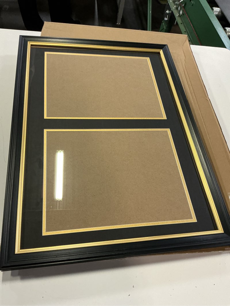 Condition photo showing Good Condition for double diploma frame 14x20, display two 8.5x11 degree, certificates, documents, tempered glass with acid-free black over gold mat, dual diploma frame for graduation, brown with gold trim double 8.5x11 certificate - 1pk brown frame/black mat
