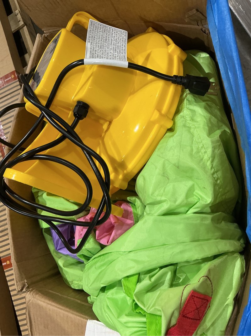 Condition photo showing As Is for inflatable bounce house for kids aged 3-12, 15 ft x 14.7 ft, 7 in 1 bouncy castle with slide, 2 ball pits, 2 basketballs, 2 ringtoss, jumping bouncer with 650w blower