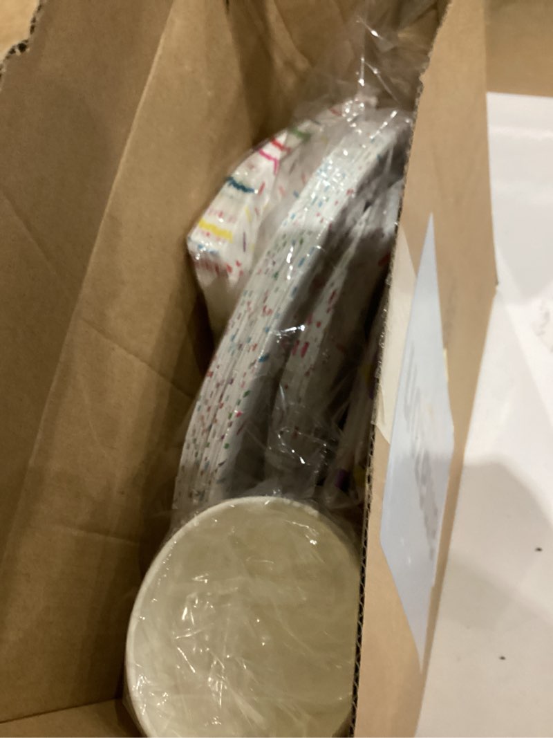 Condition photo showing Good Condition for 97 pcs confetti sprinkles tableware set include plastic tablecloth 24 paper napkins 24 large plates 24 small plates 24 paper cups for sprinkle party decorations wedding birthday supplies flat edge
