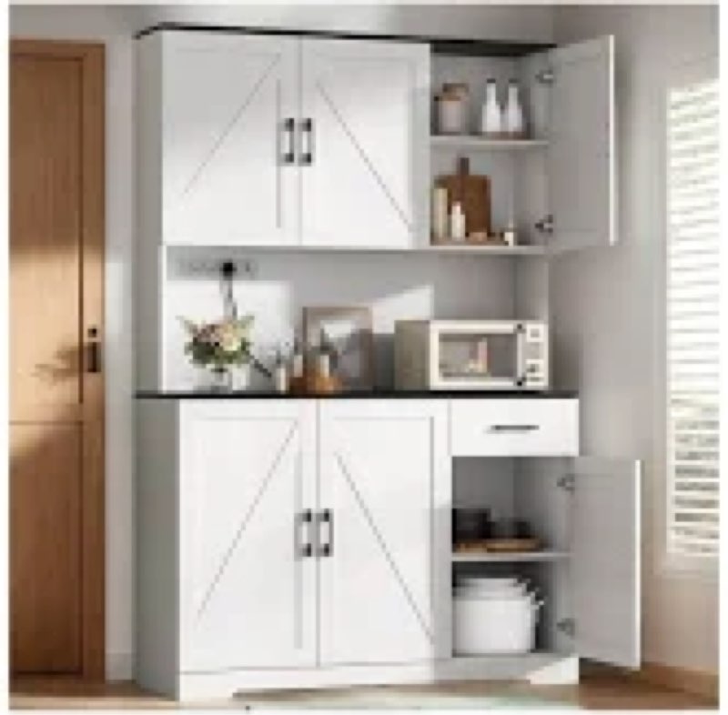  Incomplete)Kitchen Pantry Cabinet, Wood Coffee Bar Cabinet with 4 Doors and 1 Drawer, Farmhouse Storage Cabinet with Microwave Stand and Adjustable Shelf, Hutch Cupboard for Dining Room
