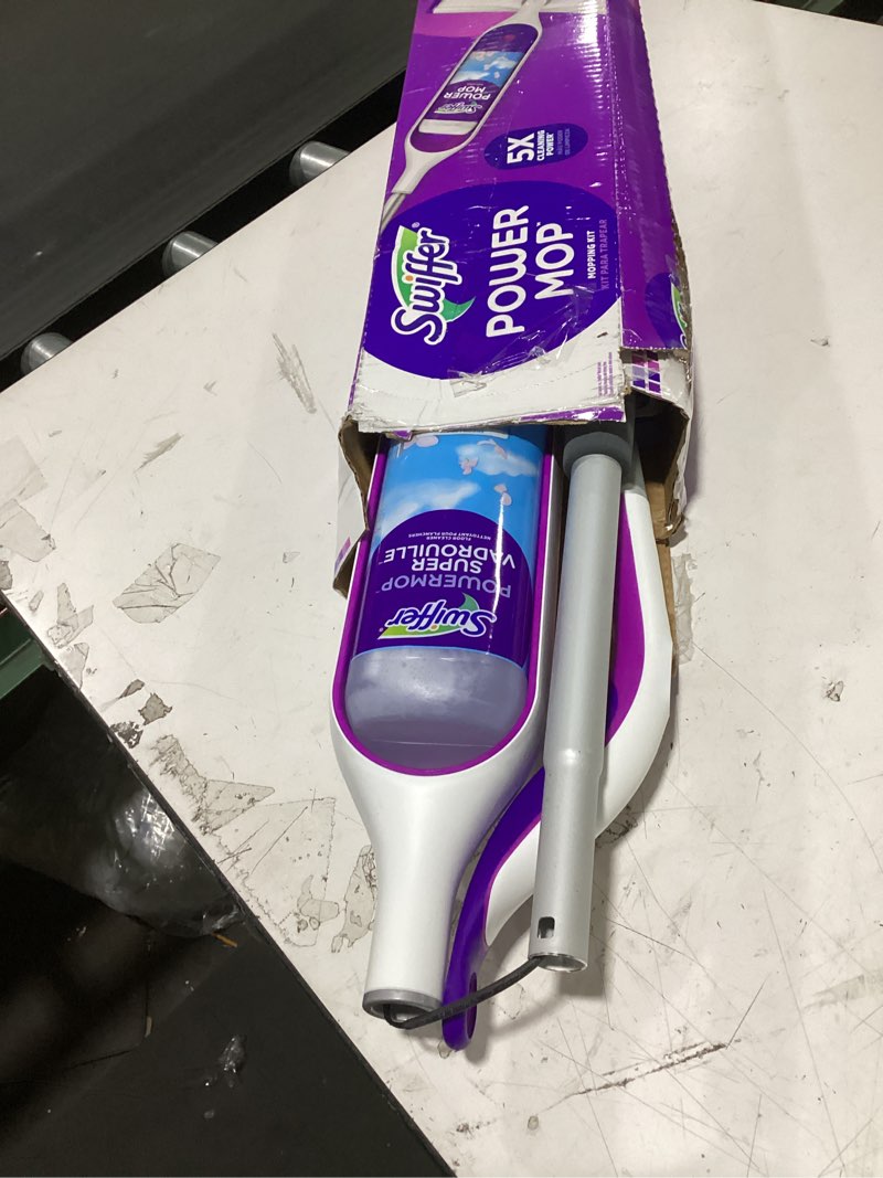 Condition photo showing Good Condition for swiffer powermop multi-surface mop kit for floor cleaning, includes powermop, 2 mopping pad refills, 1 cleaning solution with fresh scent and 2 batteries purple and white