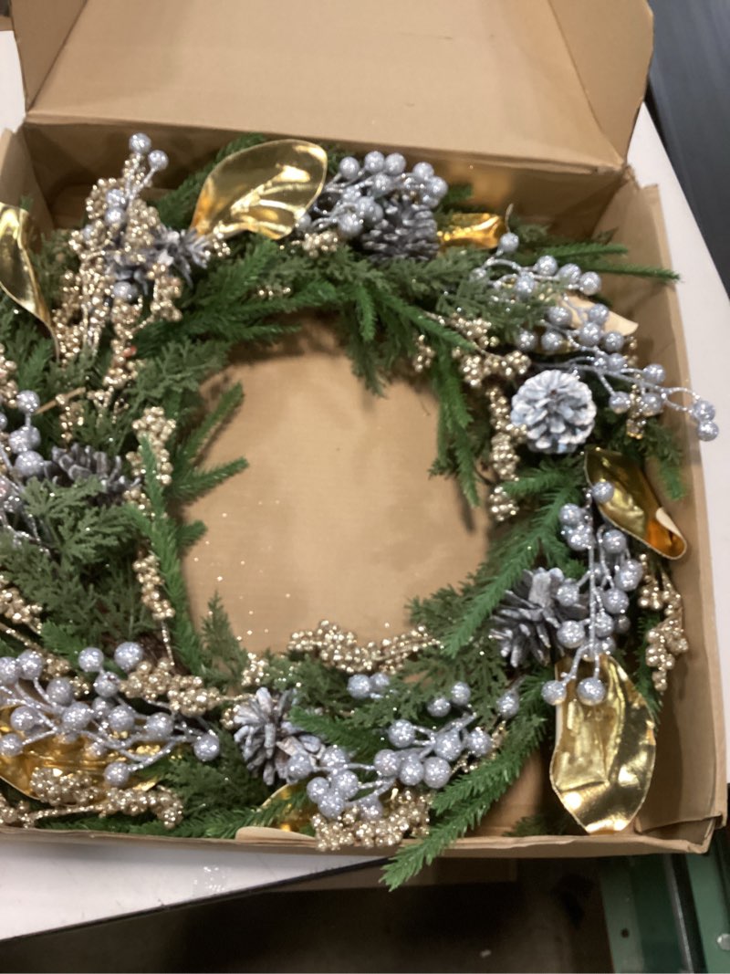 Condition photo showing New/Like New for 26 Inch Winter Wreath for Front Door, Artificial Gold Wreath with Metallic Leaf & Glittered Berries, Norfolk Pine & Pinecones, Cedar Wreaths for Indoor Outdoor Wall Windows Modern Home Holiday Decor