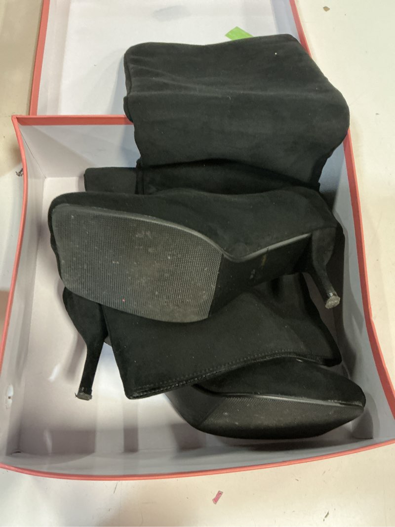 Condition photo showing As Is for women's knee high suede boots for women wide calf square toe stiletto heels tall boots pull on high heel long booties 9.5 black