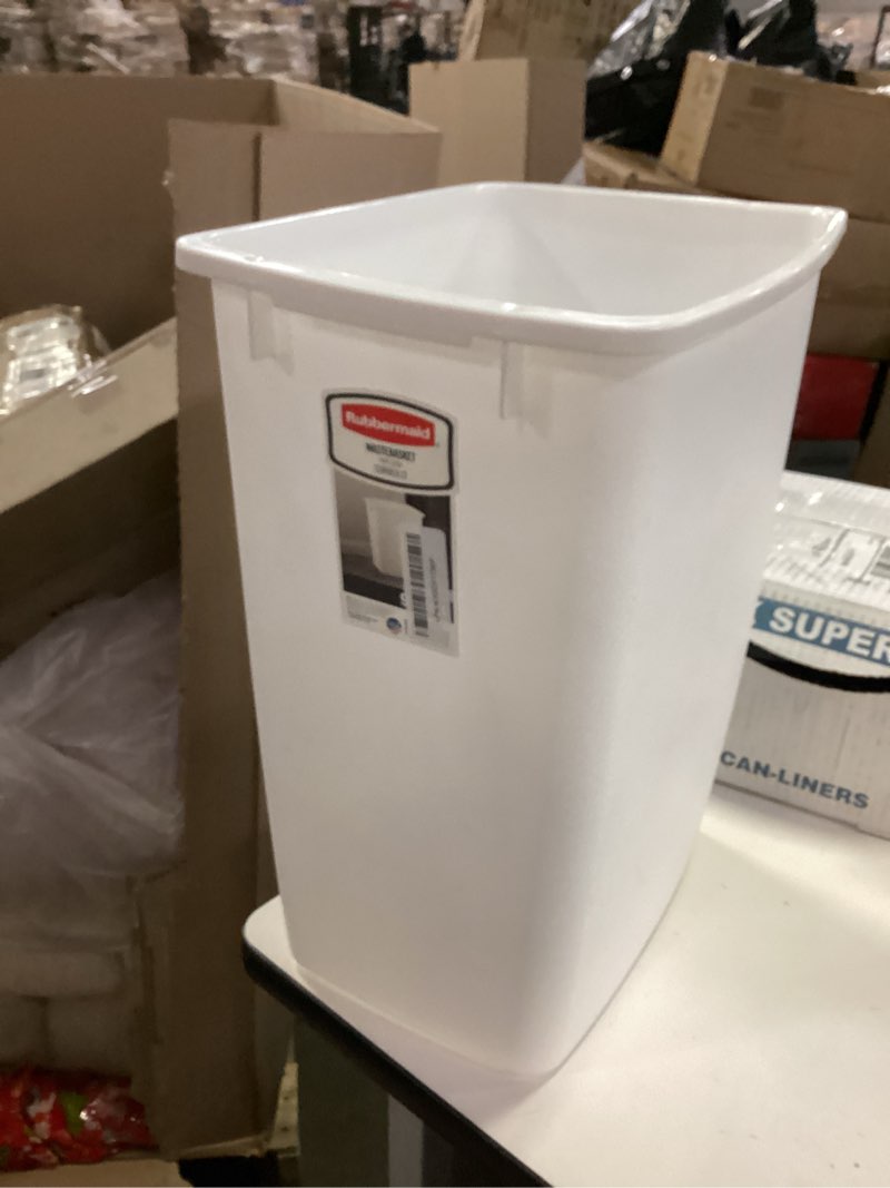 Condition photo showing New/Like New for Rubbermaid Small Kitchen Bathroom Trash Can, 9 Gallons, White, Waste Basket for Under Counter/Kitchen/Office/Bedroom/Bathroom