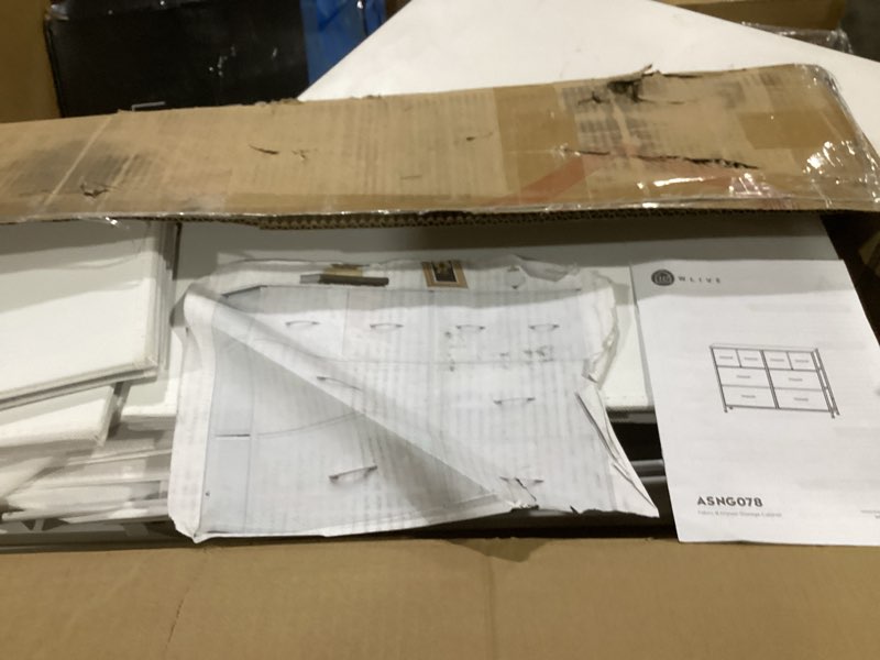 Condition photo showing As Is for wlive dresser for bedroom with 8 drawers, wide fabric dresser for storage and organization, bedroom dressers, chest of drawers for living room, closet, hallway, white white 8 drawers