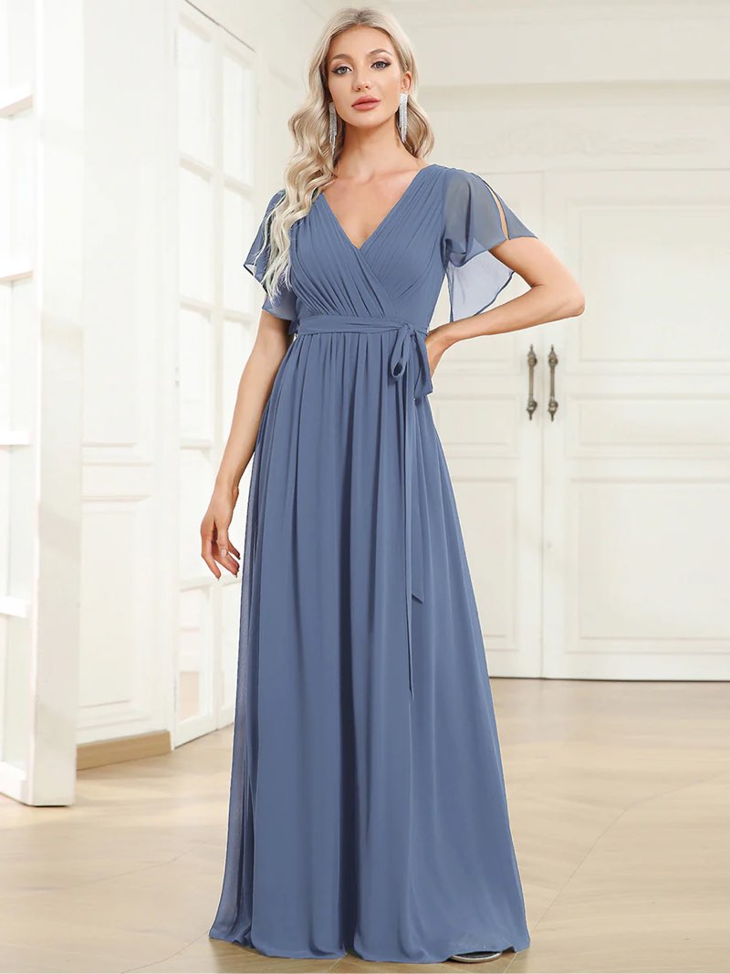 a line wholesale evening dresses with deep v neck ruffles sleeves (size 1xl )