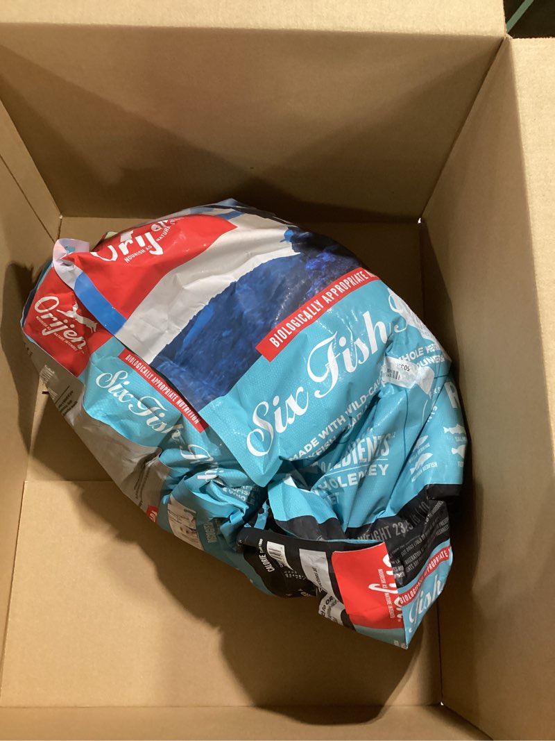 Condition photo showing As Is for ORIJEN Grain Free Poultry Free High Protein Dry Dog Food Six Fish Recipe 23.5lb Bag Six Fish Recipe 23.5 Pound (Pack of 1)