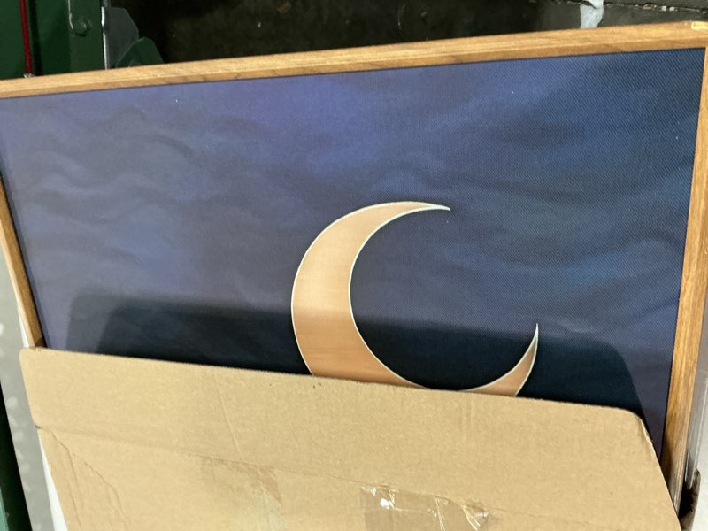 Condition photo showing Good Condition for signinart boho mid century modern framed canvas wall art, bohemian geometric wall decor, abstract sun and moon artwork,beige and black wooden art paintings for living room bedroom office 16"x24"x3 sun and moon 24"l x 16"w