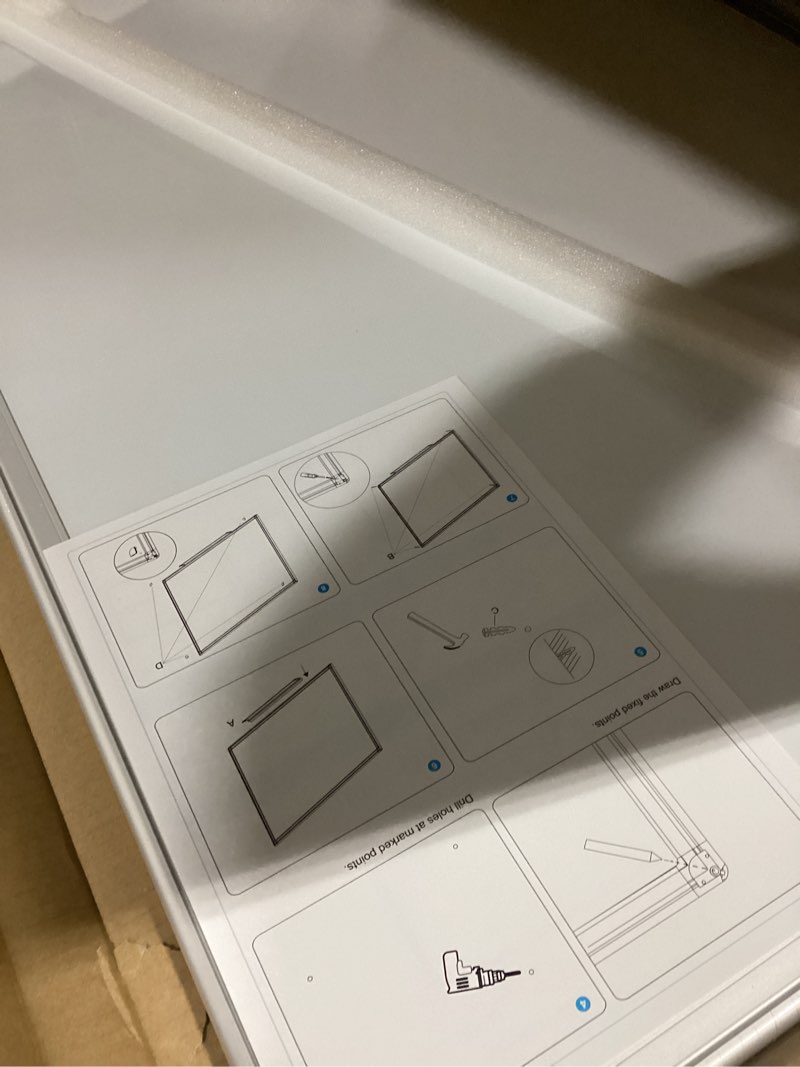 Condition photo showing New/Like New for dumos magnetic white board kit for wall 36" x 24", dry erase board with 1 dry eraser & 2 multicolor markers & 4 magnetic pins, reinforced aluminum frame for home, school, office silver white 36"x24"
