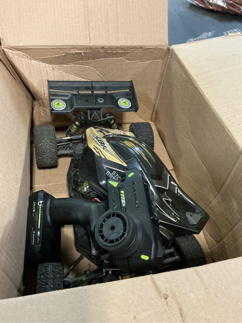 Condition photo showing As Is for riaario 1/10 brushless rc cars, rtr, beginner, max 50+ mph, metal drivetrain, 4wd, waterproof electronics, carbon fiber, black, ages 14+
