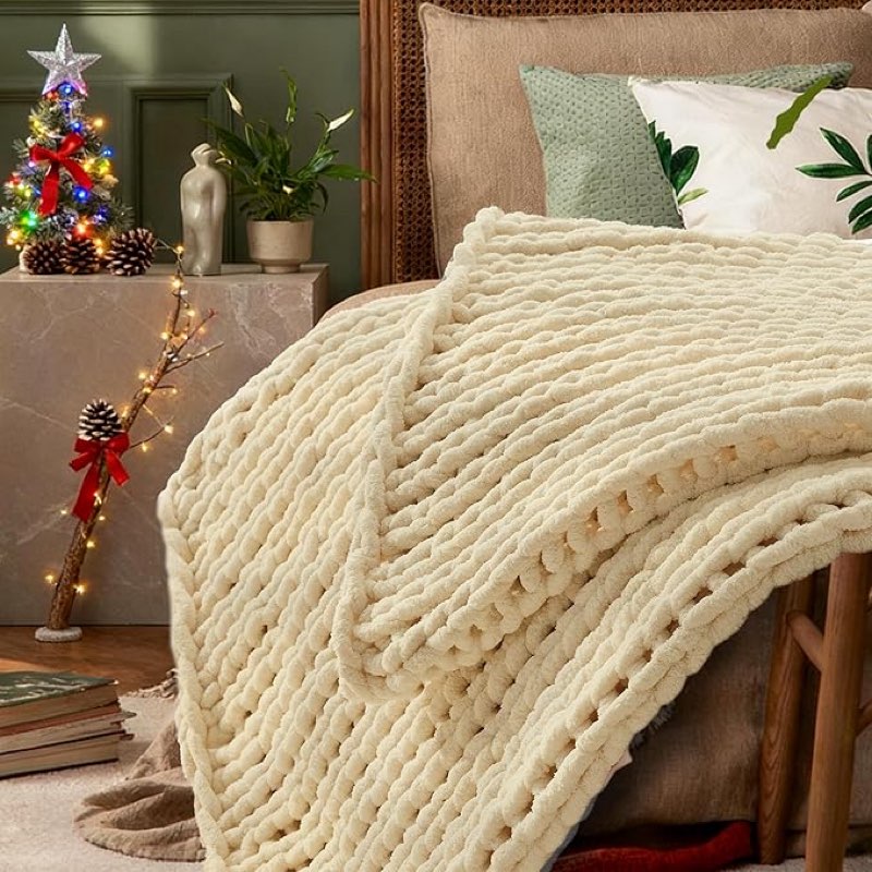 chenille chunky knit throw blanket 60"×80" 100% hand knitted with thick jumbo chenille yarn for bed 