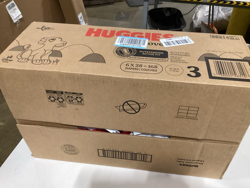 Condition photo showing New/Like New for huggies size 3 diapers, little movers baby diapers, size 3 (16-28 lbs), 168 count (6 packs of 28), packaging may vary size 3 168