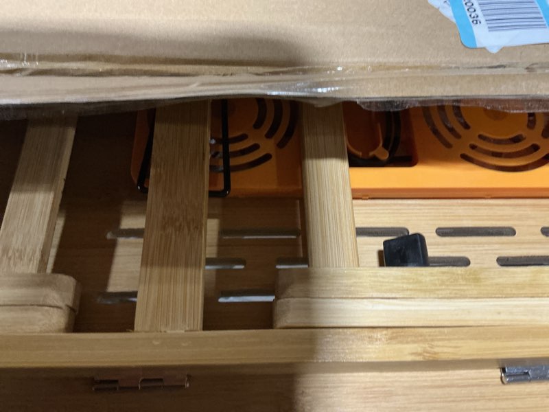 Condition photo showing Good Condition for Adjustable Bamboo Laptop Desk with Cooling Fan, Foldable Bed Tray for Breakfast, Writing, and Drawing, with Tilting Top and Drawer, Portable Lap Desk for Bed, Sofa, and Floor.