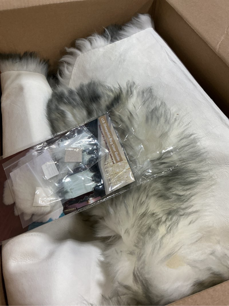Condition photo showing New/Like New for llb genuine sheepskin area rug wool rug fur carpet fluffy shaggy fur rug for living room kids bedroom real sheepskin throw lambskin rugs sofa mat chair seat covers (snow grey, 2 x 6 ft sheepskin) snow grey 2' x 6' (sheepskin shape)