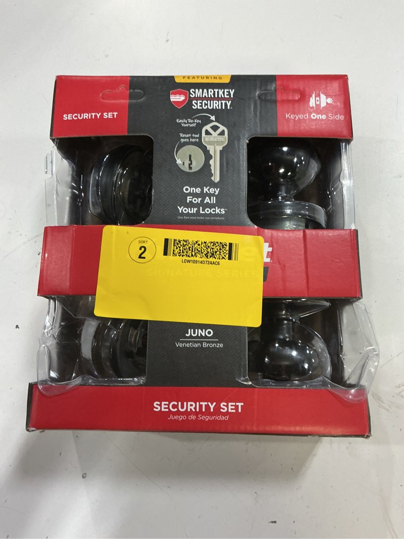 Condition photo showing As Is for kwikset smartkey juno venetian bronze deadbolt and entry door knob kw1 1-3/4 in.