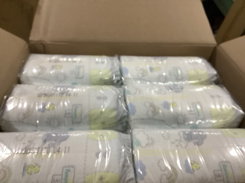 Condition photo showing As Is for pampers swaddlers diapers, size 3 (13-26 lbs), 168 count, absorbent, keeps baby dry and comfortable, skin safe disposable baby diaper size 3 168