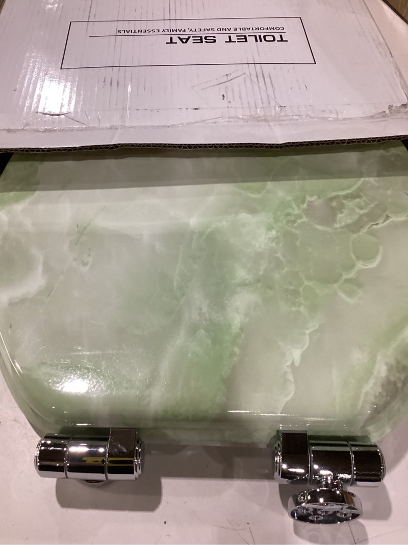 Condition photo showing As Is for angel shield marble toilet seat durable molded wood with quiet close, easy clean, quick-release hinges round toilet seat (round, green marble) round-16.5“ green marble-round