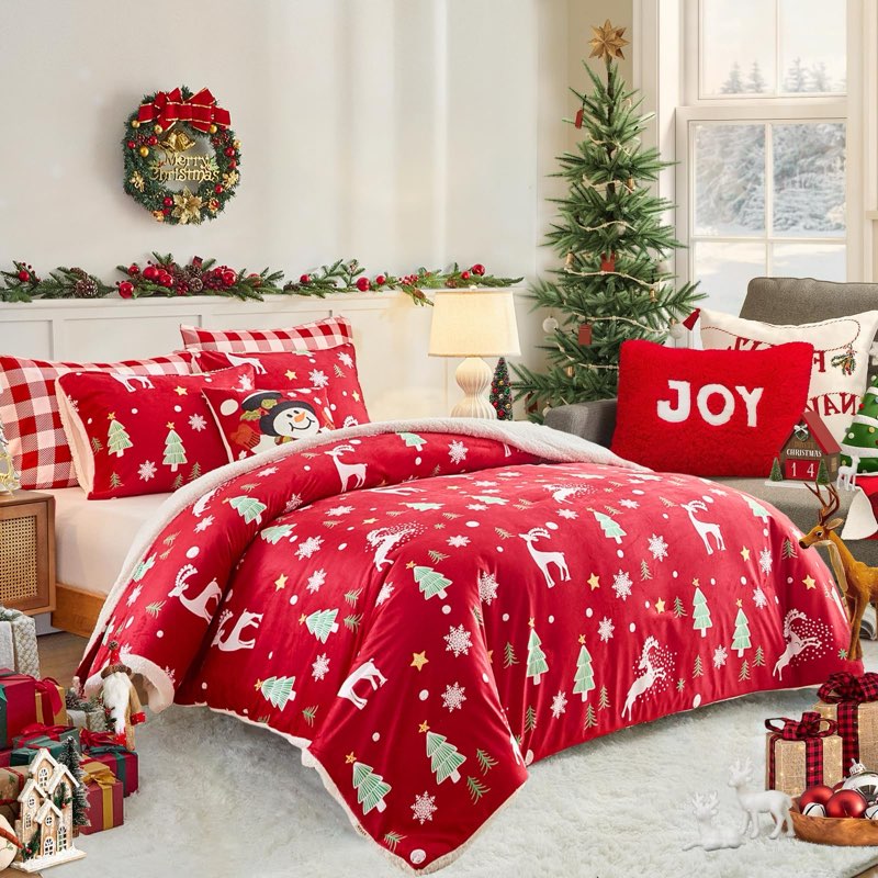 Joyreap 3pcs Fluffy Sherpa Comforter Set Queen, Christmas Golden Snowflakes Black and Red Tie-dye De