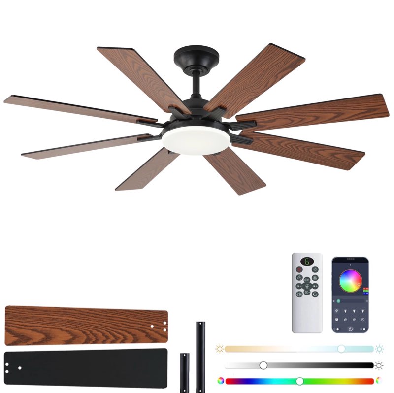 52 Inch Ceiling Fans with Lights, Brown Ceiling Fan with Light and Remote Control, Reversible DC Motor, 3CCT, Dimmable, Timer, Noiseless, Ceiling Fan for Bedroom Living Room, Indoor/Outdoor Use
