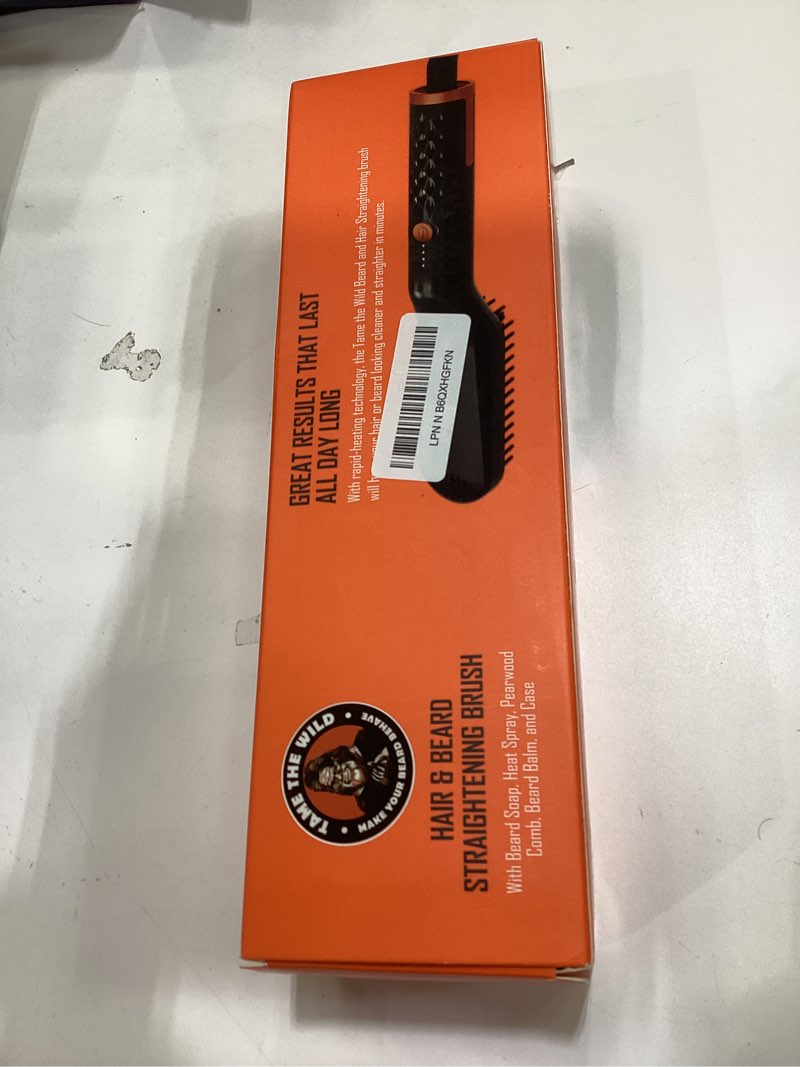Condition photo showing New/Like New for tame the wild premium beard grooming kit - heated beard brush, straightener comb, heat protectant spray, beard soap, balm, wooden comb, and storage case