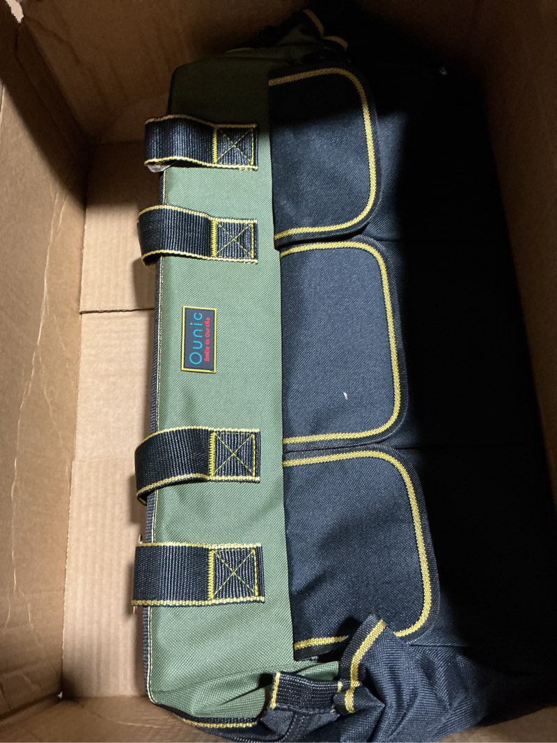 Condition photo showing As Is for Tool Bag, Ounic 20 Inch Large Tool Bag Heavy Duty With Wide Mouth and Waterproof Strong Molded Base, Heavy Duty Tool Bags Organizer with Adjustable Shoulder Strap Specially Designed for Various Tools 20Inch Green