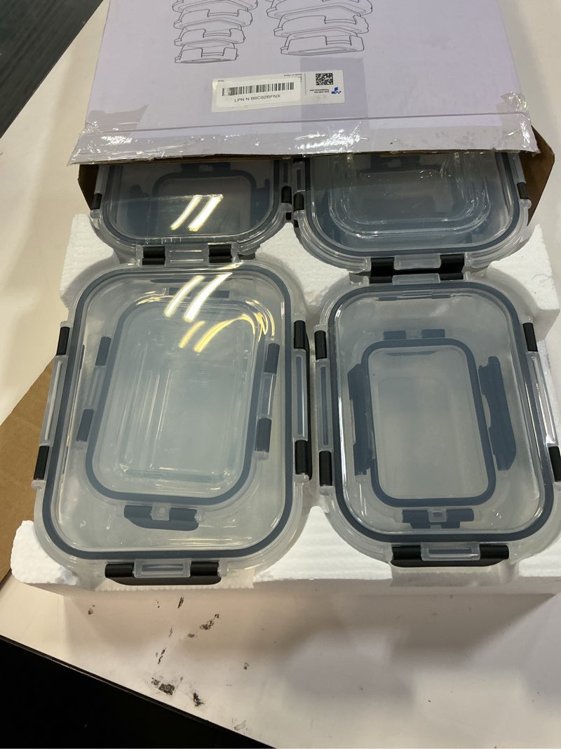 Condition photo showing As Is for 8 Pack Borosilicate Glass Food Storage Containers with Lids, Glass Meal Prep Containers, Airtight Bento Lunch Boxes with Leak Proof Locking, Oven, Freezer and Dishwasher Safe, BPA Free, 5-35oz Deep Black 8 Pack