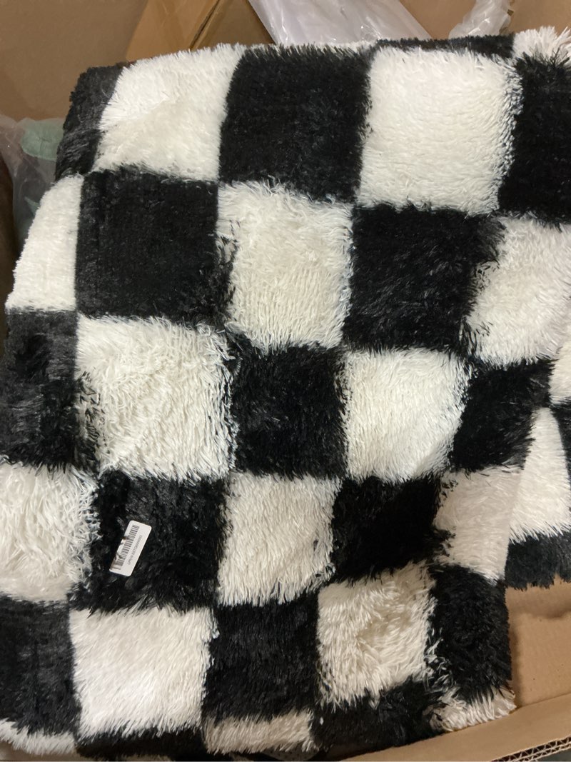 Condition photo showing As Is for kicmor rugs for living room, 5x8 area rug black and white fluffy shag soft checkered rug large fuzzy plush furry shaggy carpet for bedroom, kids boys girls teen dorm nursery home decor aesthetic 5' x 8' (rectangular) black / white
