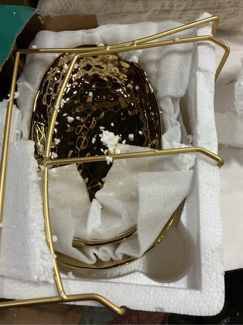 Condition photo showing New/Like New for jessie 3 Tier Ceramic Fruit Bowls for Kitchen Counter with Metal Rack, Fruit Basket with Stand, Porcelain Bowls for Vegetable Bread Candy Snack Nuts Dessert Cake Tray (Gold 3 Layer)
