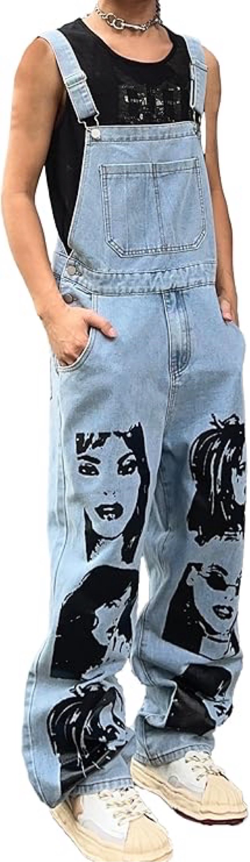 Mens Womens Baggy Denim Bib Overalls Face Funny Graphic Y2k Wide Leg Jean Jumpsuit with Pockets( size:M)