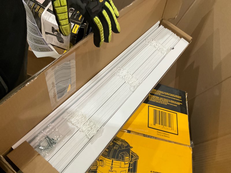Condition photo showing As Is for allen + roth trim at home 2-in slat width 30-in x 64-in cordless white faux wood room