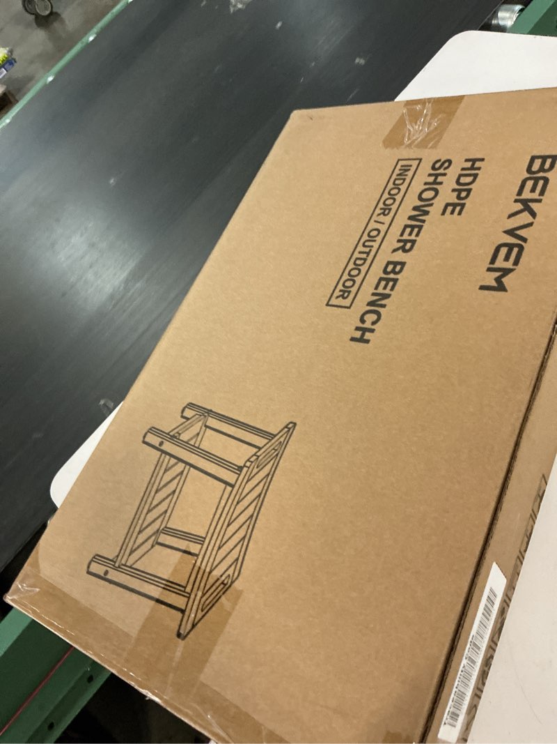 Condition photo showing New/Like New for shower bench for inside shower - white hdpe shower stool waterproof - spa bathroom seat chair with handle, storage shelf, adjustable feet - indoor/outdoor, weather resistant large 21x12.5x17 inch white
