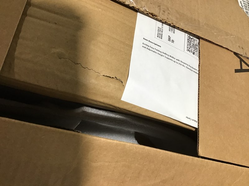 Condition photo showing New/Like New for iLiving Easy Folding Rolling Walker with Shopping Bag Basket and Glide Skis - Upright Mobility Aid for Senior or Adults, Foldable and Adjustable Height Supports up to 350 lbs, Standard Walker, Silver Foldable Rolling Walker