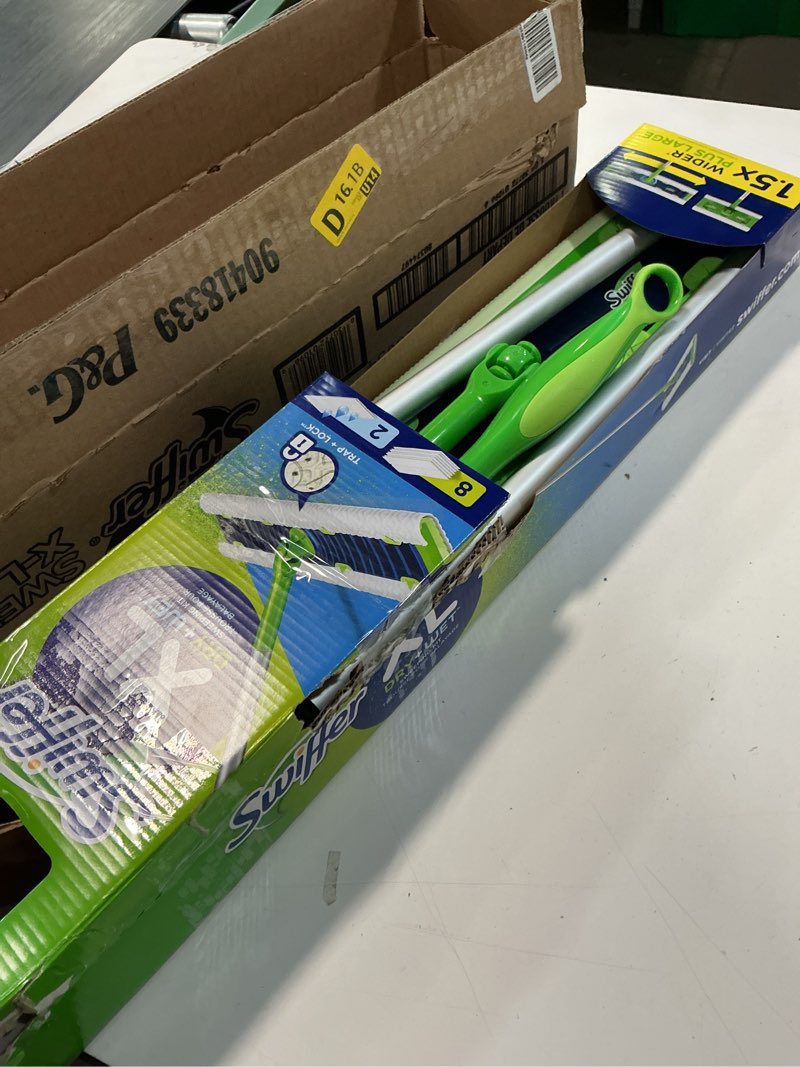 Condition photo showing Good Condition for Swiffer Sweep + Mop XL, Broom & Mop Alternative, Floor Cleaner for Dirt, Dust, Hair, All Purpose Cleaning Tool for Home, Bathroom, Kitchen, Set Includes 1 XL Sweeper 8 XL Dry Pads 2 XL Wet Pads Fresh XL Starter Kit (New!)