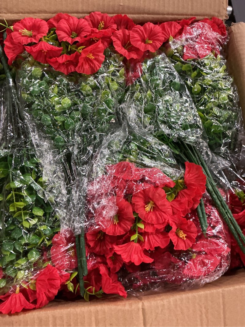 Condition photo showing New/Like New for yastouay 2 pack artificial hanging flowers for outdoors, fake hanging plants with baskets, uv resistant hanging flowers fake flowers for outdoors porch patio garden spring summer decor(red) red 20 bundles