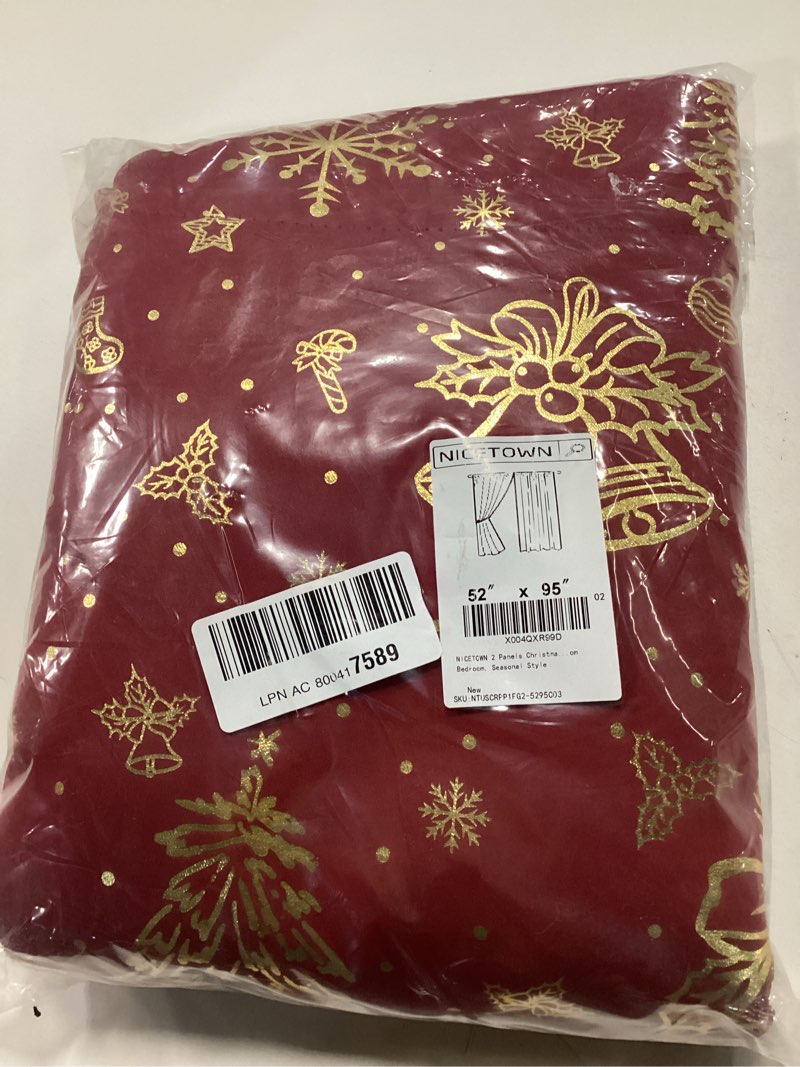 Condition photo showing New/Like New for NICETOWN 2 Panels Christmas Red Rod Pocket Curtains 52 x 95 Inch, Gold Stamped Holiday Window Drapes for Xmas Decorations, Festive Room Darkening Curtain Set for Living Room Bedroom, Seasonal Style Christmas Red 52"W x 95"L (Pack of 2)