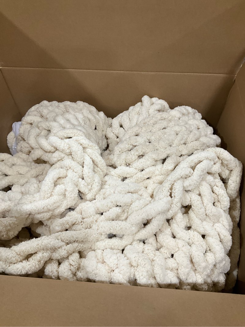 Condition photo showing As Is for Bigacogo Chunky Knit Throw Blanket for Couch, 51x63 inches, 100% Hand Knitted with Thick Jumbo Chenille Yarn, Cozy Soft Large Rope Knot Cable Crochet Blankets for Sofa Bed Living Room, Beige Beige 51"x63" (Large Size Throw?
