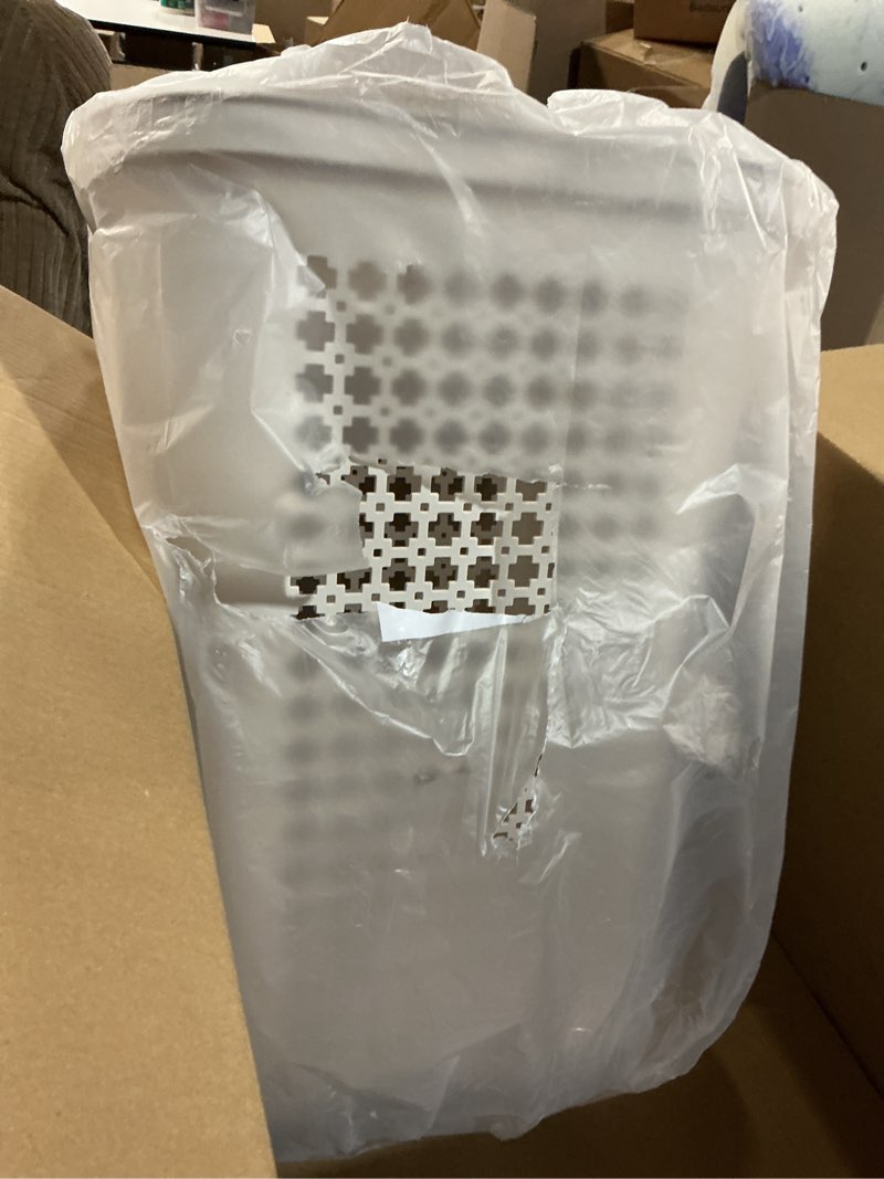 Condition photo showing As Is for Mind Reader Slim Laundry Hamper with Lid, 40L Clothes Basket, Premium Wicker Design, Plastic, White