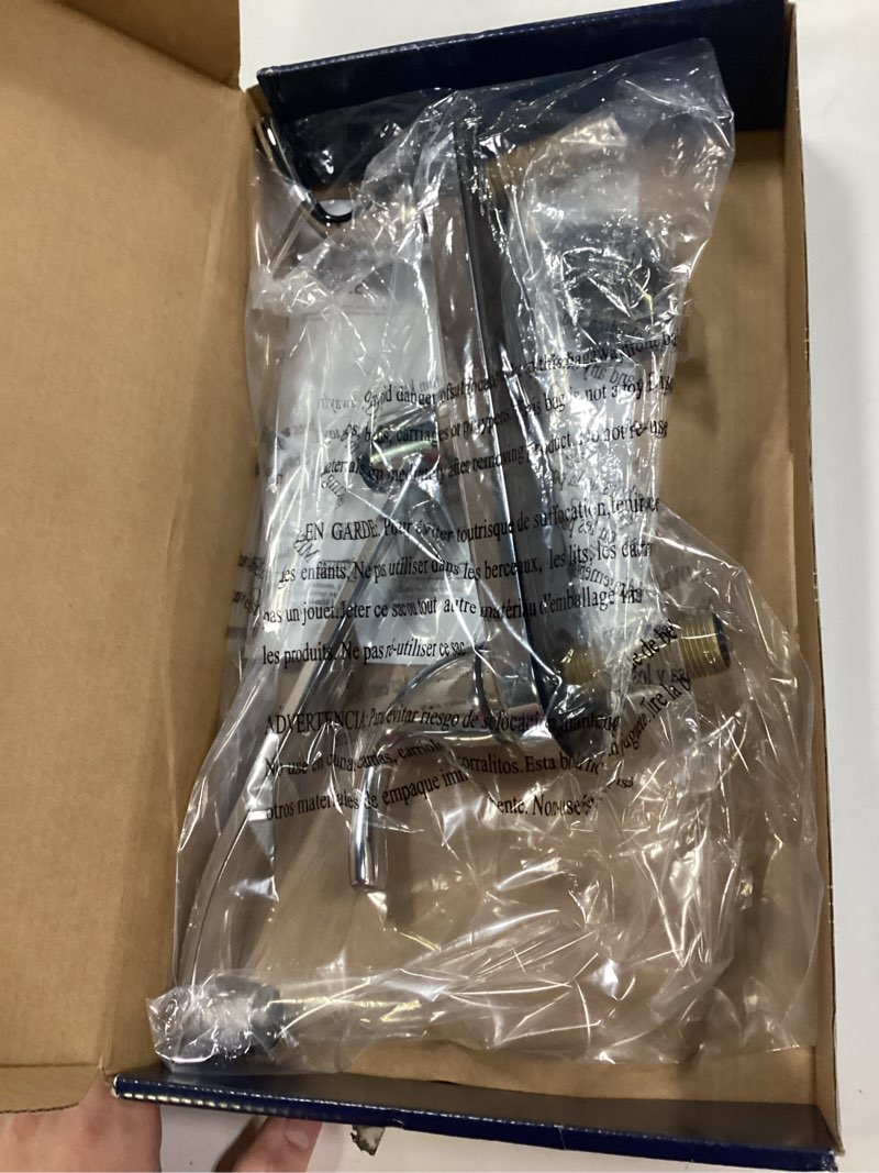 Condition photo showing As Is for project source dover chrome double handle deck-mount kitchen faucet (includes deck plate)