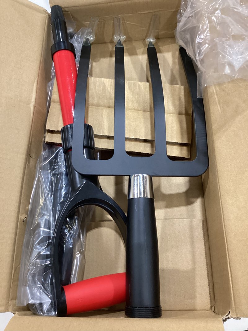 Condition photo showing Good Condition for cosita pitch fork for garden, 44-inches pitchfork with fiberglass handle, gardening spading fork with 4 metal tines, heavy duty pitchfork for manure, mulch, digging, aeration, red