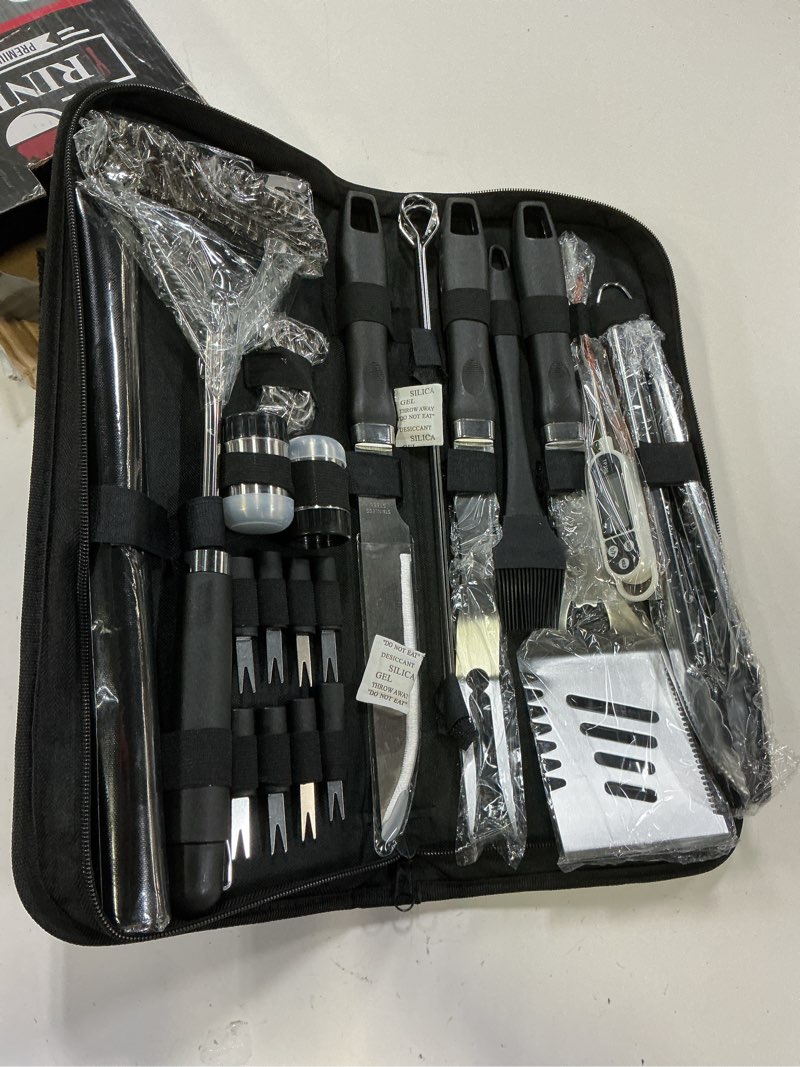 Condition photo showing New/Like New for rinpir 31pcs bbq grill accessories gifts for men dad, heavy duty grilling tools gift set for father's day, stainless steel bbq utensils kit with mats, grill brush in carrying bag black