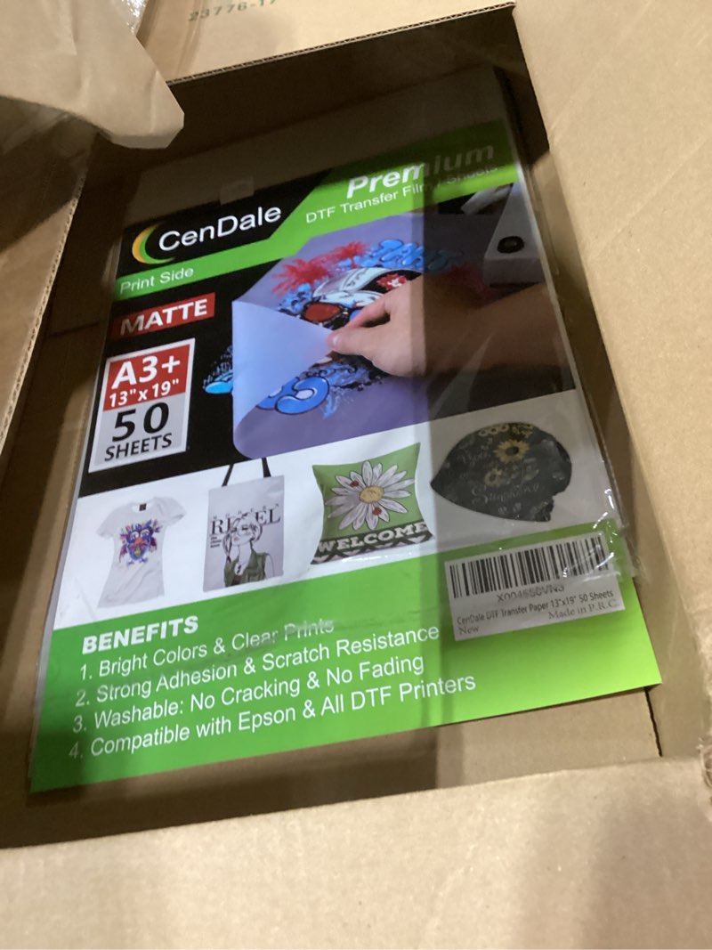 Condition photo showing As Is for cendale premium dtf transfer film 13"x19" - a3 plus 50 sheets double-sided matte clear pretreat sheets pet heat transfer paper for diy direct print on all fabric and colors t-shirts textile a3 plus (13"x19")-50 sheets