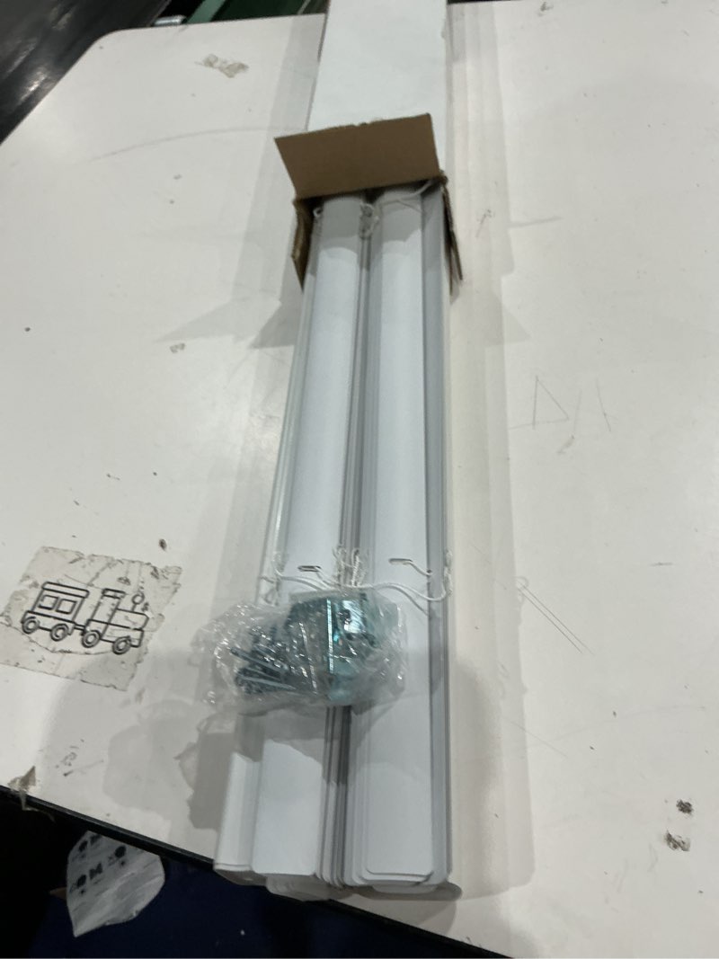 Condition photo showing As Is for project source light filtering 1-in slat width 31-in x 64-in cordless white vinyl light filtering mini-blinds