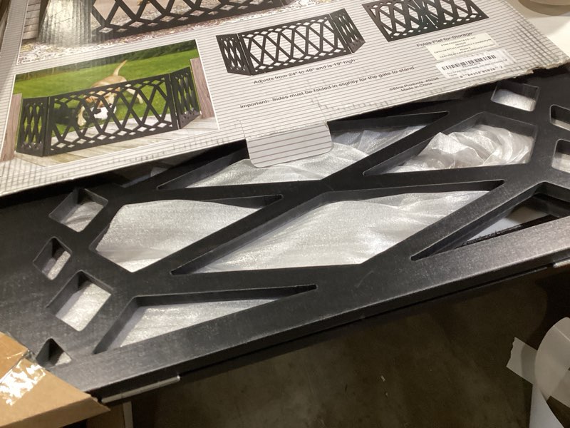 Condition photo showing Good Condition for etna 3-panel diamond design wood pet gate - decorative black tri fold dog fence for doorways, stairs - indoor/outdoor pet barrier - 24-48 inches wide x 19 inches tall
