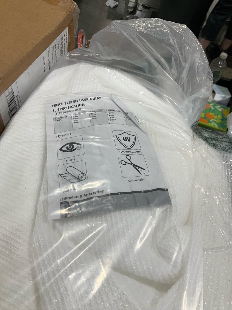 Condition photo showing Good Condition for shademart 4' x 50' white fence privacy screen windscreen shade fabric cloth hdpe, 90% visibility blockage, with grommets, heavy duty commercial grade, cable zip ties included (we customize size) 0 4' x 5 0' white