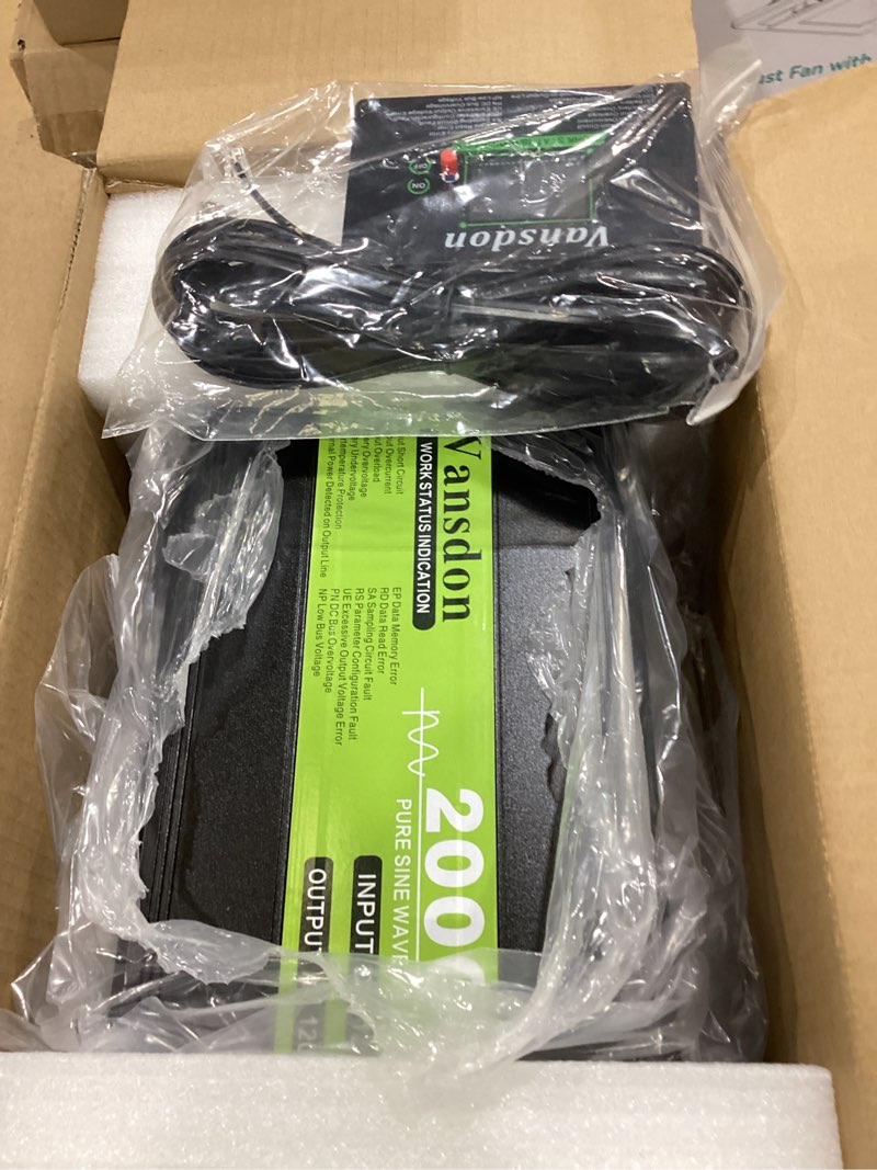 Condition photo showing Good Condition for vansdon 2000w pure sine wave inverter 12v dc to 120v ac inverters for rv,truck, solar, home, off-grid, car power inverter with lcd display, 3 ac outlet, 30w usb-c, usb, remote control, surge 4000w light green-2000