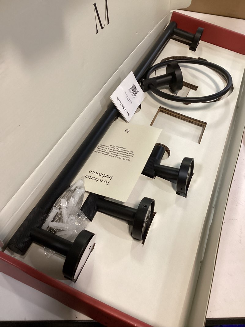 Condition photo showing Good Condition for marmolux - 4 piece knurled matte black bathroom hardware set - knurled stainless steel sus304 bathroom fixtures set. black towel holder set with toilet paper holder and towel hook.